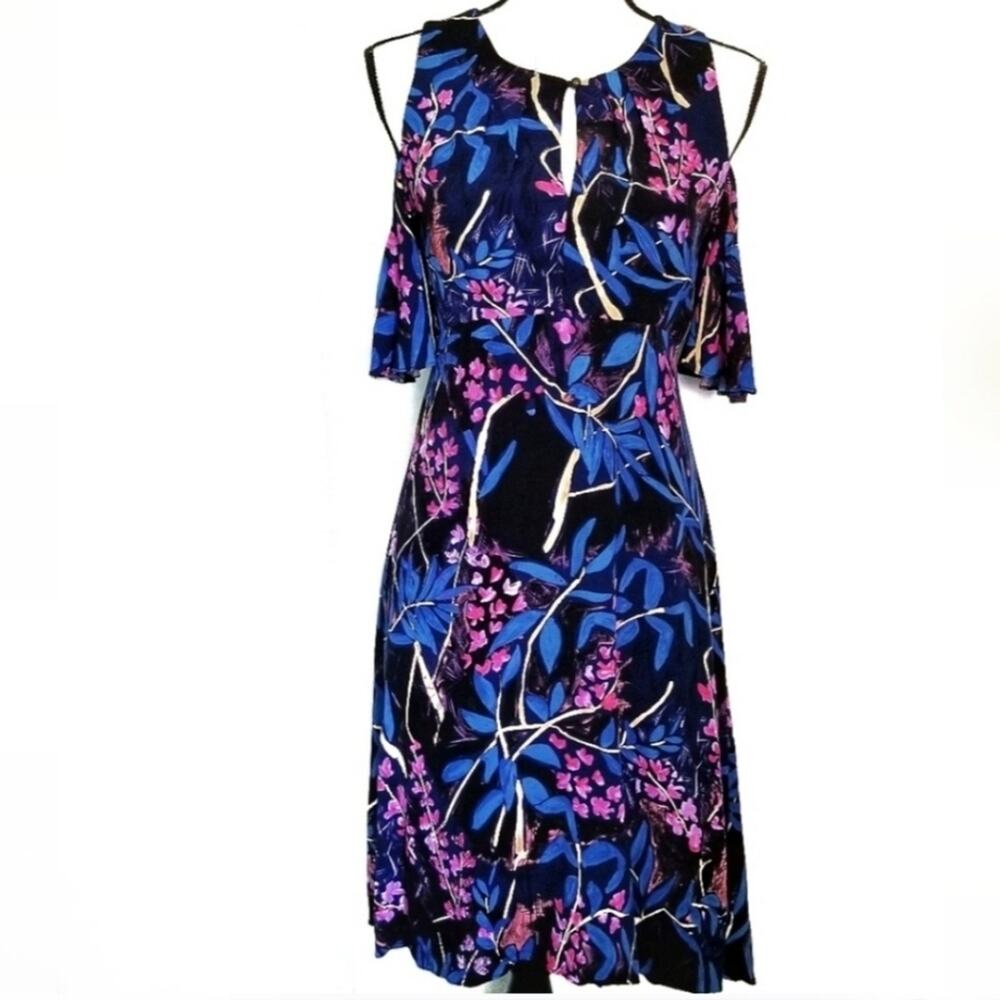 Anthropologie Maeve Elia Dress Size 4 Black Blue Midi Tropical Flutter Floral